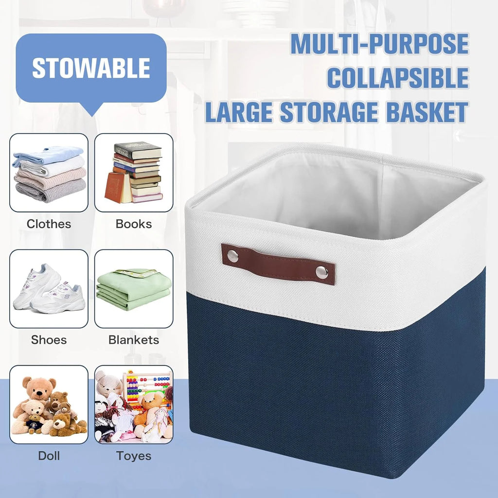 11x11 inch Foldable Cube Storage Bins with Leather Handles (White/ Blue) M823