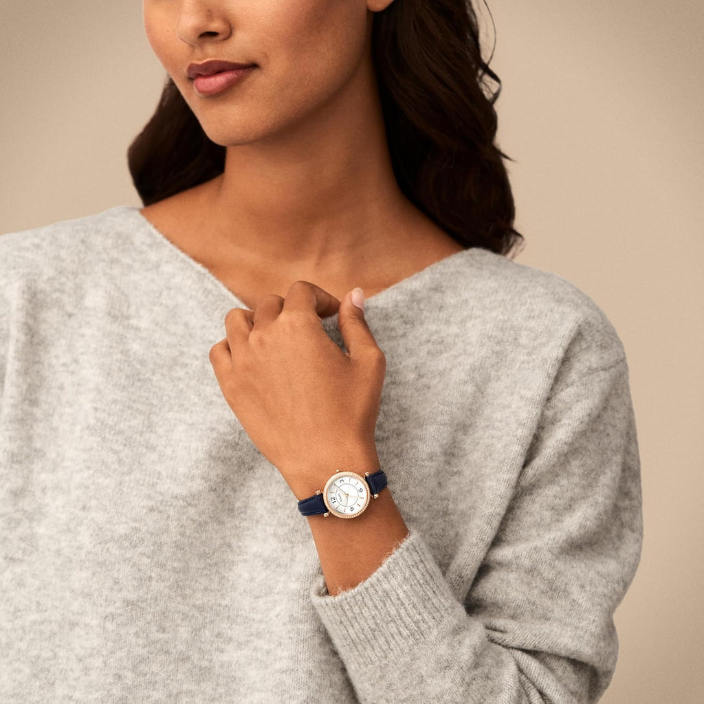 Rose Gold Navy Stainless Steel and Leather Three-Hand Watch E18070