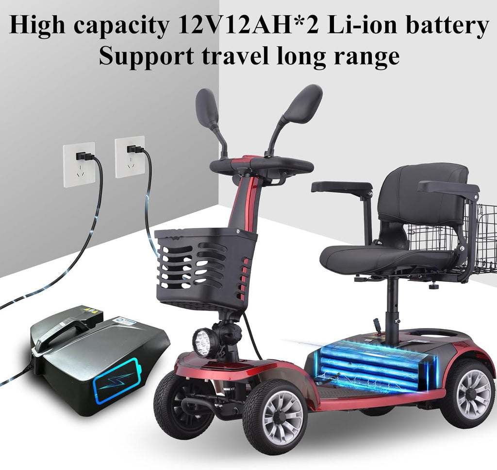 Red Folding Mobility Scooter with Dual Battery and Basket T645