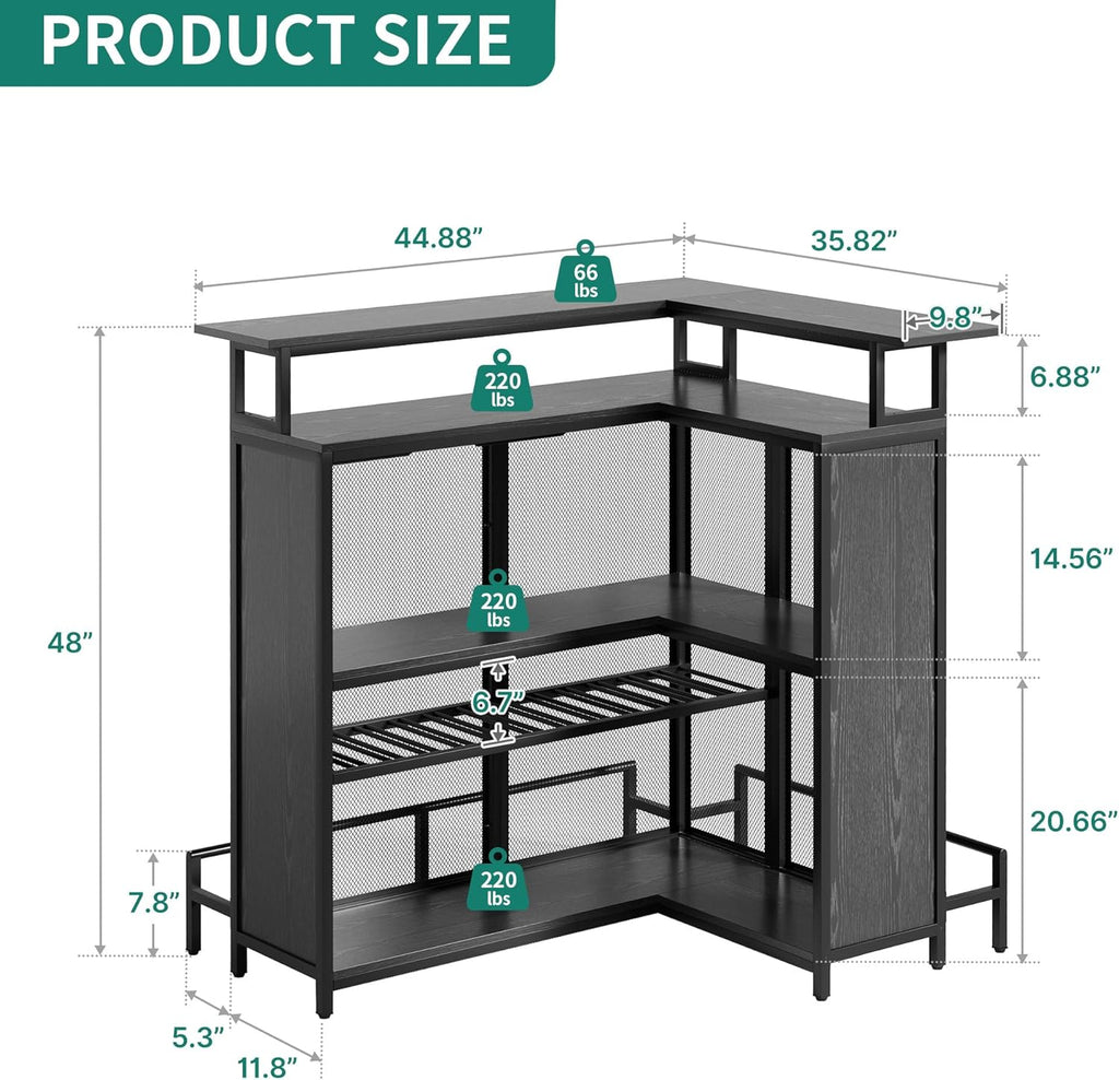Black L Shaped Mini Home Bar Unit with Music Sensing LED Light, Tall Bars Furniture Table with Wine Rack Alcohol Storage Glasses Hanger Footrest E3108