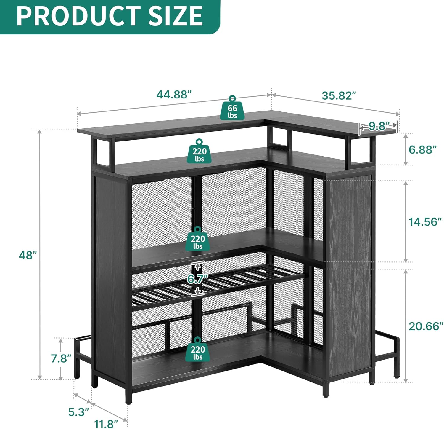 Black L Shaped Mini Home Bar Unit with Music Sensing LED Light, Tall Bars Furniture Table with Wine Rack Alcohol Storage Glasses Hanger Footrest E3108
