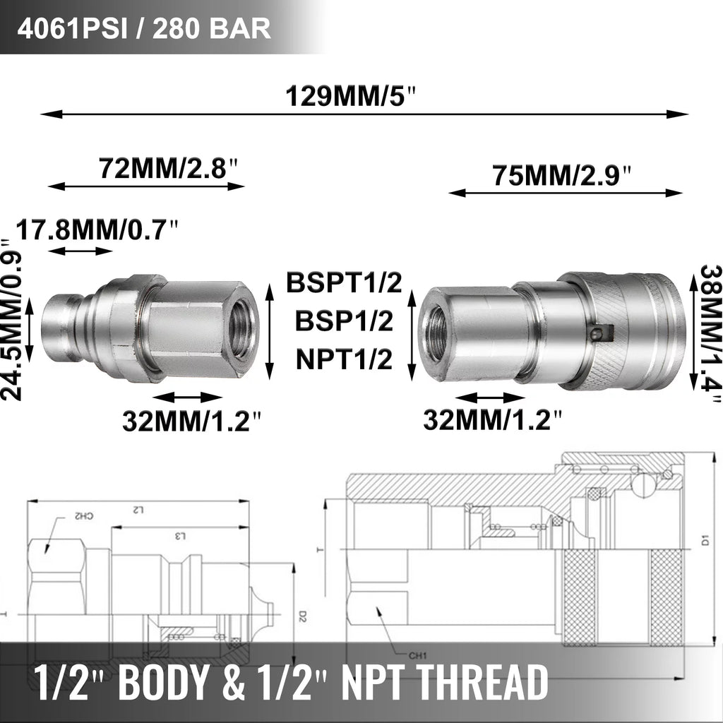 1/2" NPT Thread Hydraulic Couplers with Dust Caps K25338