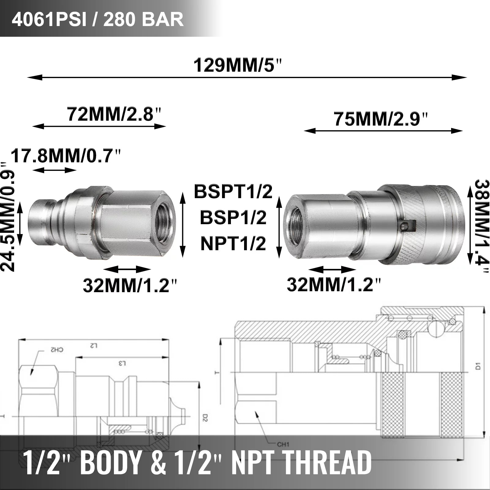 1/2" NPT Thread Hydraulic Couplers with Dust Caps K25338