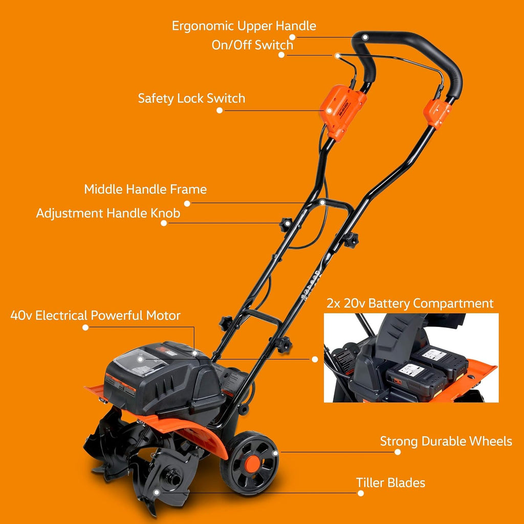 40V 14 Inch Electric Tiller Cultivator with Extra Battery H918206