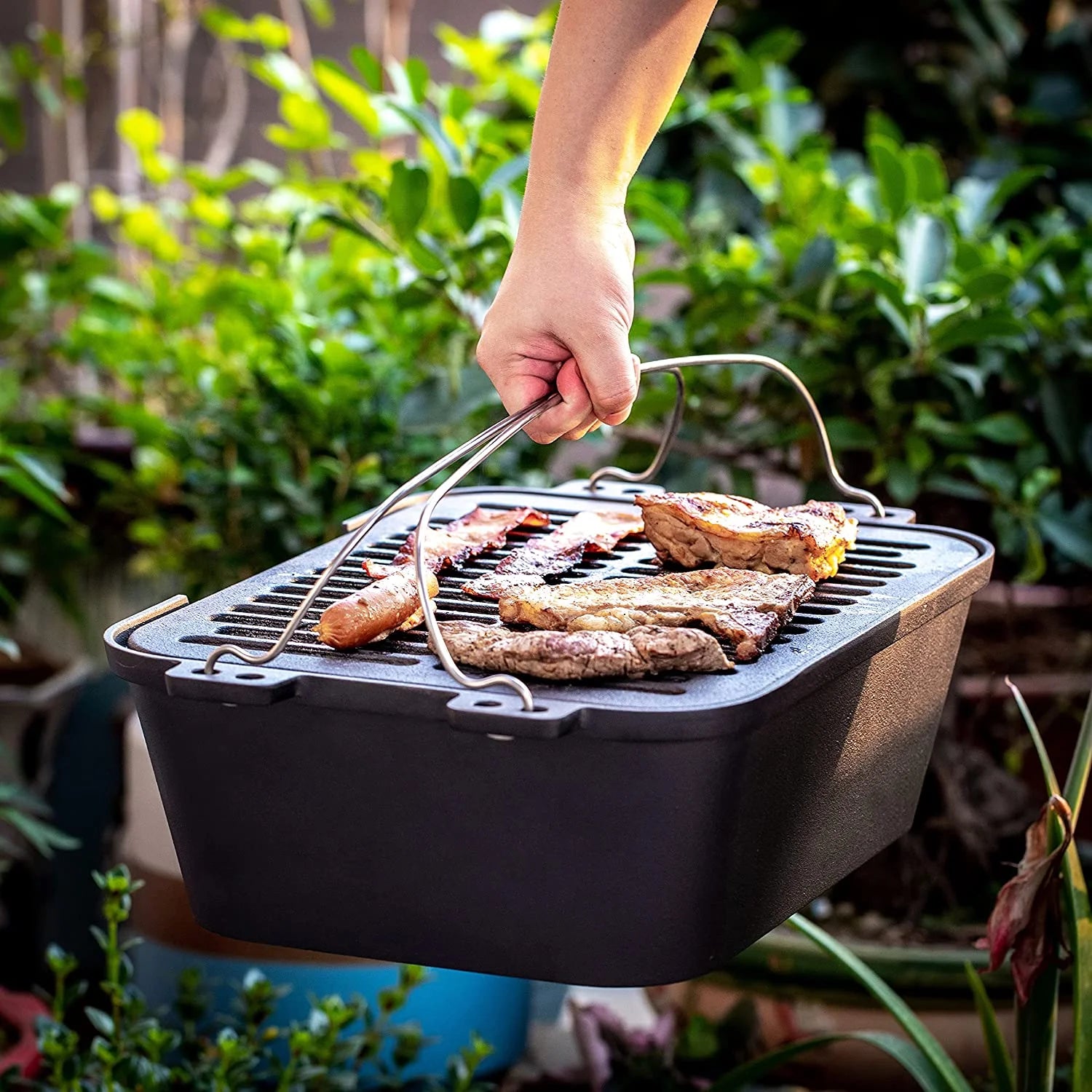 Pre-Seasoned Portable Cast Iron Charcoal Rectangle BBQ Grill, 14" x 12" Grilling Surface B75895