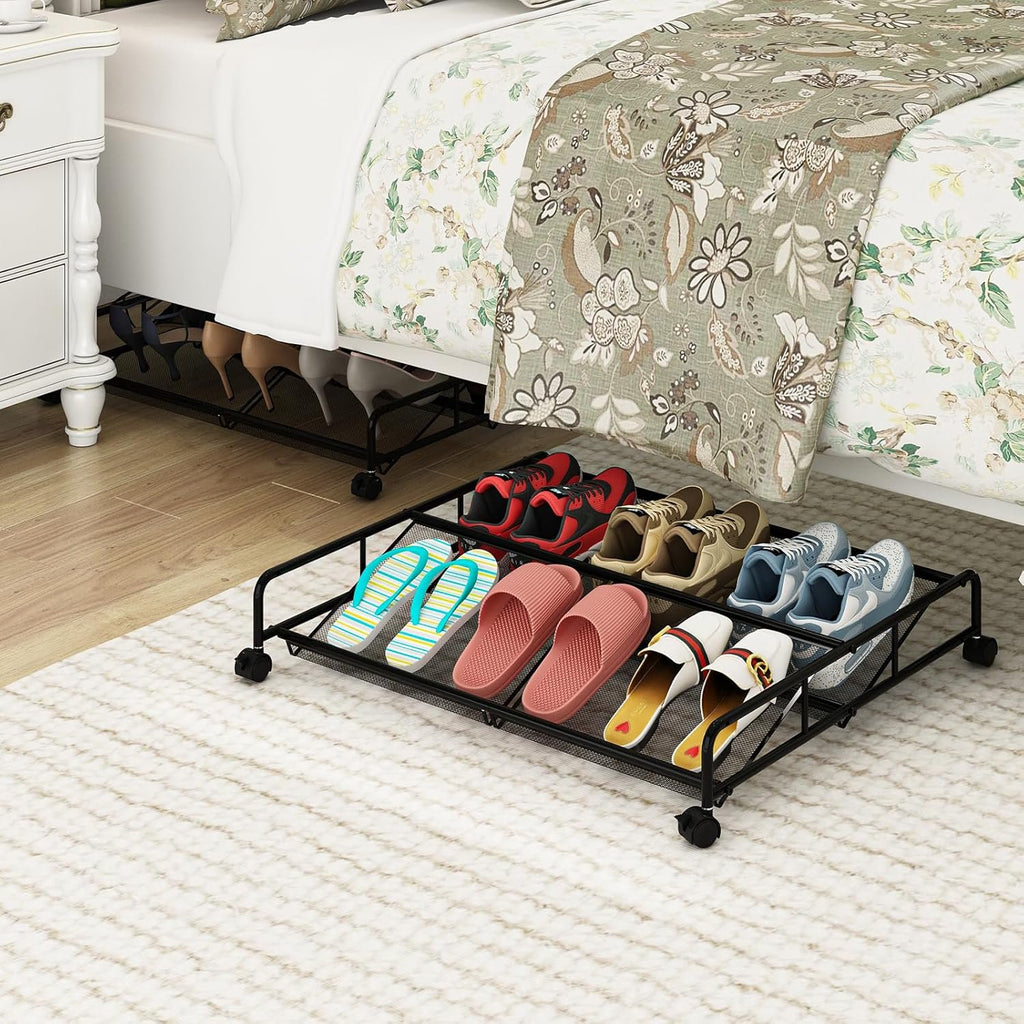 2 Pack Metal Mesh Under Bed Shoe Storage Organizer with Wheels D976