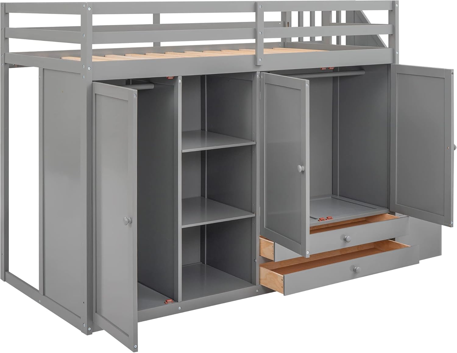 Twin Size Wooden Loft Bed with 3 Shelves, 2 Wardrobes, 2 Drawers, Ladder V848045