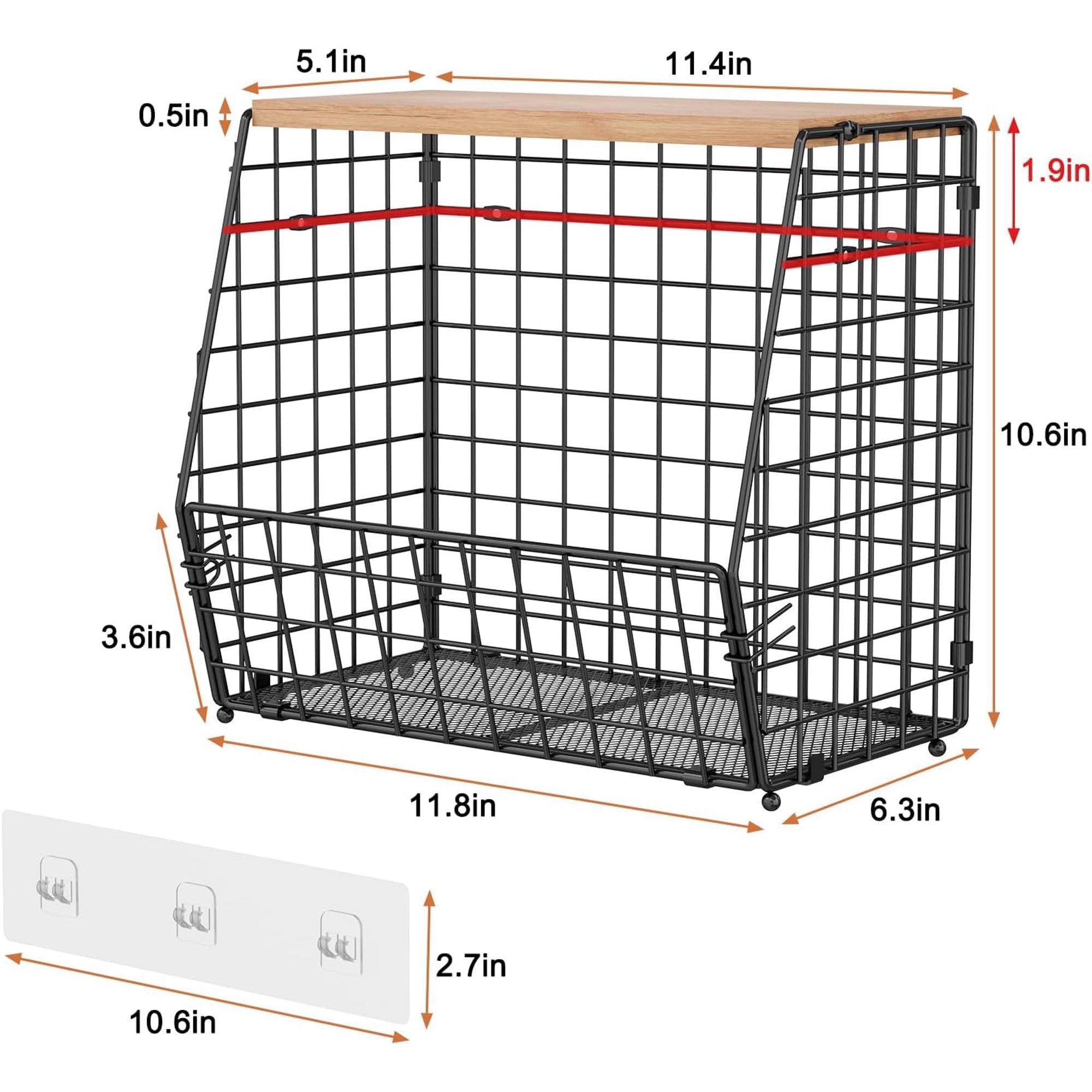 3 Pack Hanging Wire Basket with Wood Lid & S Hook L629