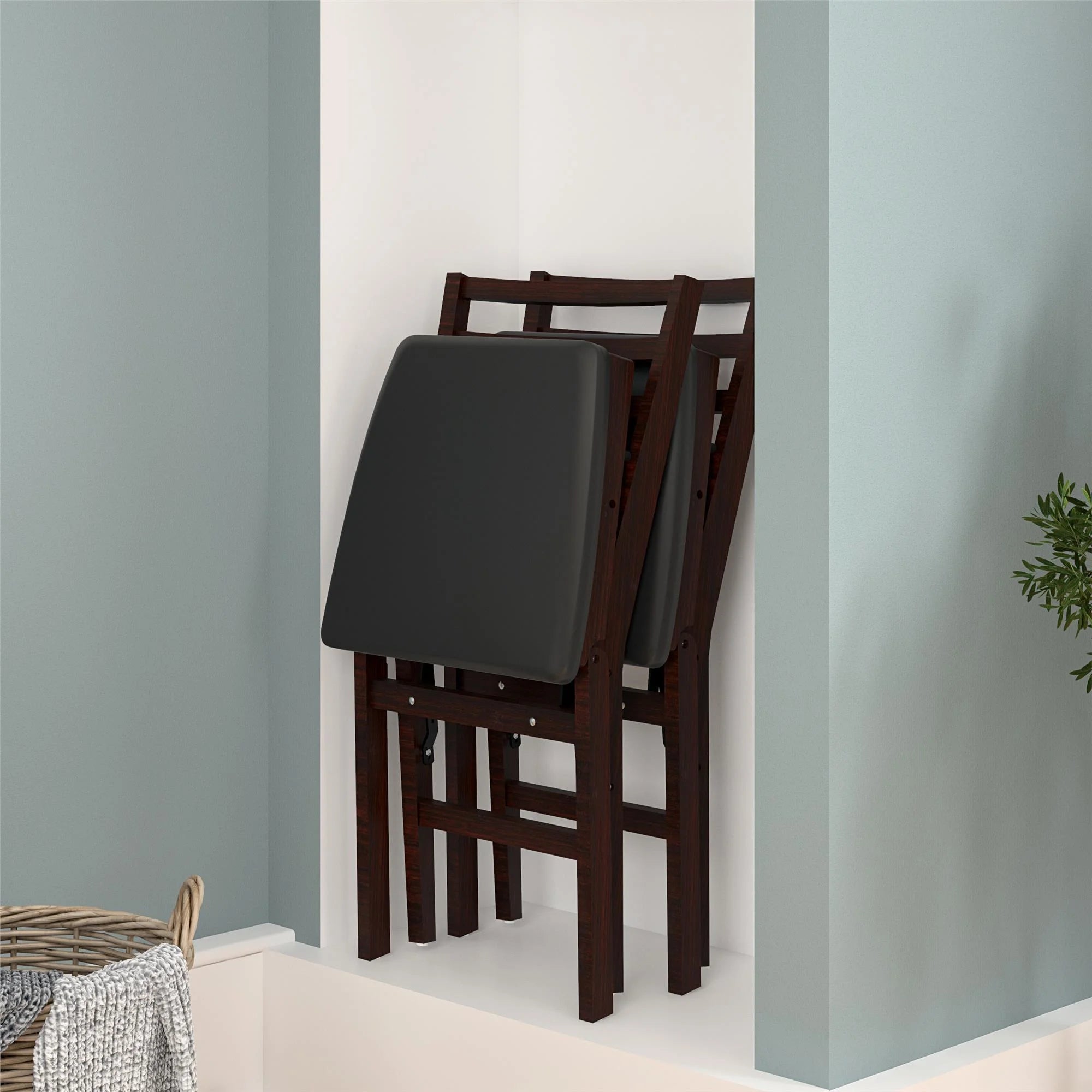 Dark Mahogany Wood Folding Chair with Vinyl Padded Seat, 2-Pack D9369