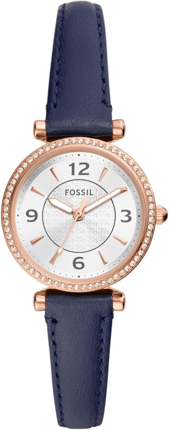 Rose Gold Navy Stainless Steel and Leather Three-Hand Watch E18070