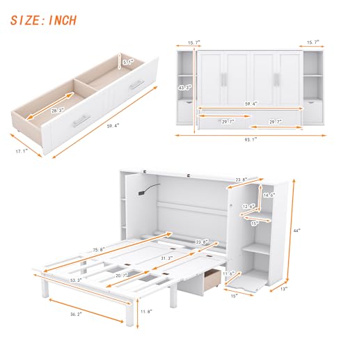 White Solid Wood Murphy Wall Bed with Storage and Bookcase Headboard H113