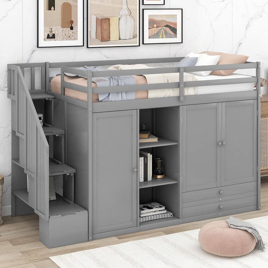 Twin Size Wooden Loft Bed with 3 Shelves, 2 Wardrobes, 2 Drawers, Ladder V848045