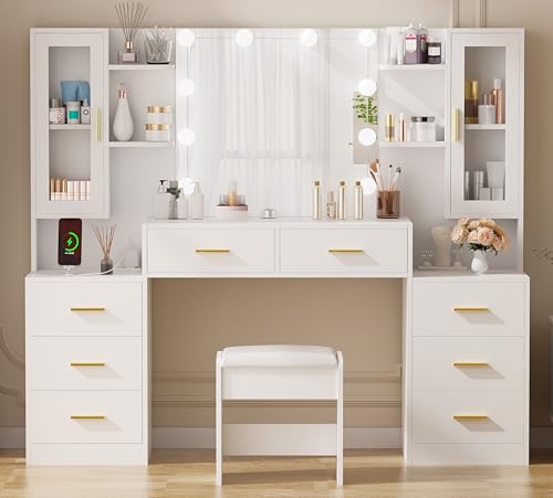 White Large Vanity Desk with Mirror and Lights 8 Drawers C6305