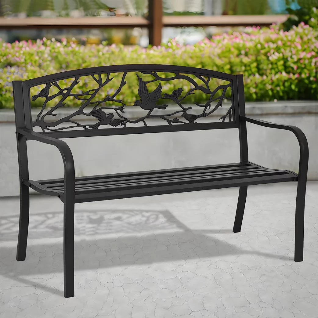 Black Cast Iron Outdoor Garden Bench with Slatted Seat J141809