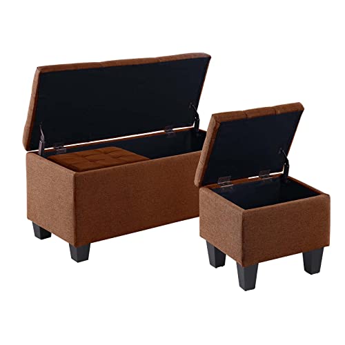 Dark Blue Linen Storage Ottoman Bench D200