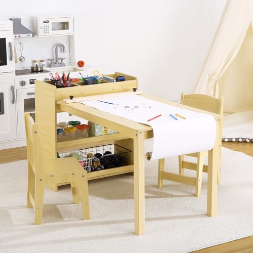 Kids Art Table with 2 Chairs Wood Activity Desk with Storage Shelves G60317