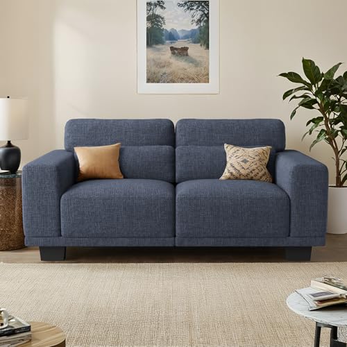 Blue 3 Seater Linen Sofa with Deep Seats G9345