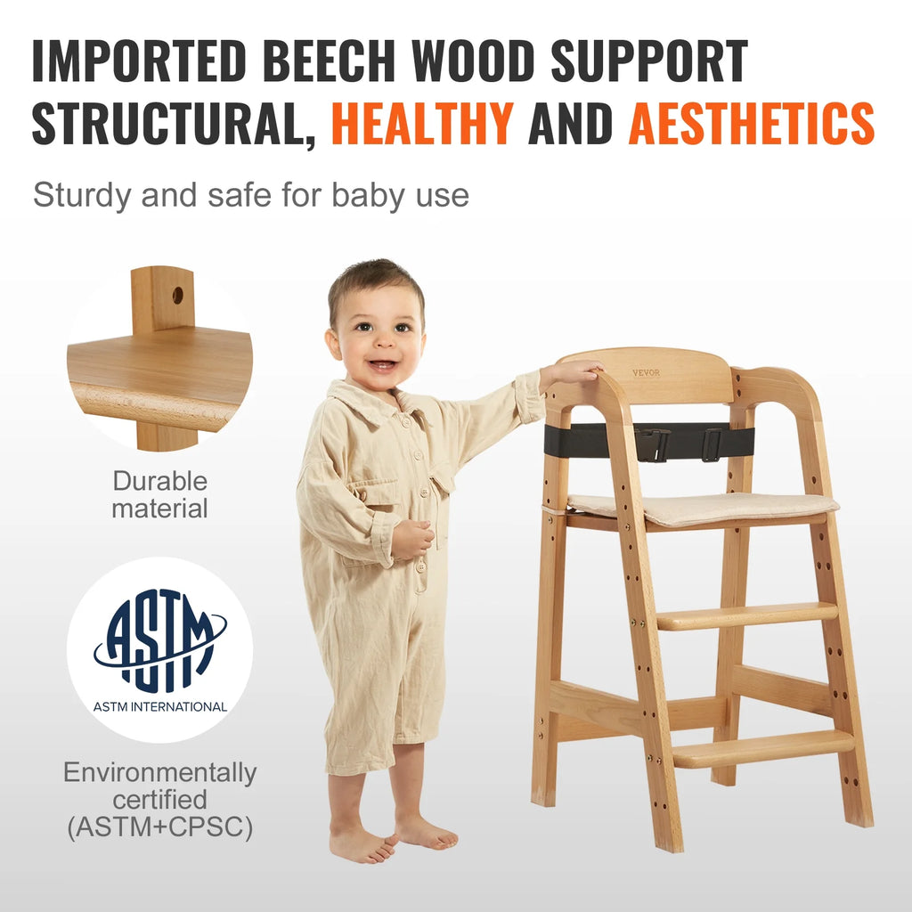 Wooden Baby HighChair with Adjustable Legs Solid Wood H836566