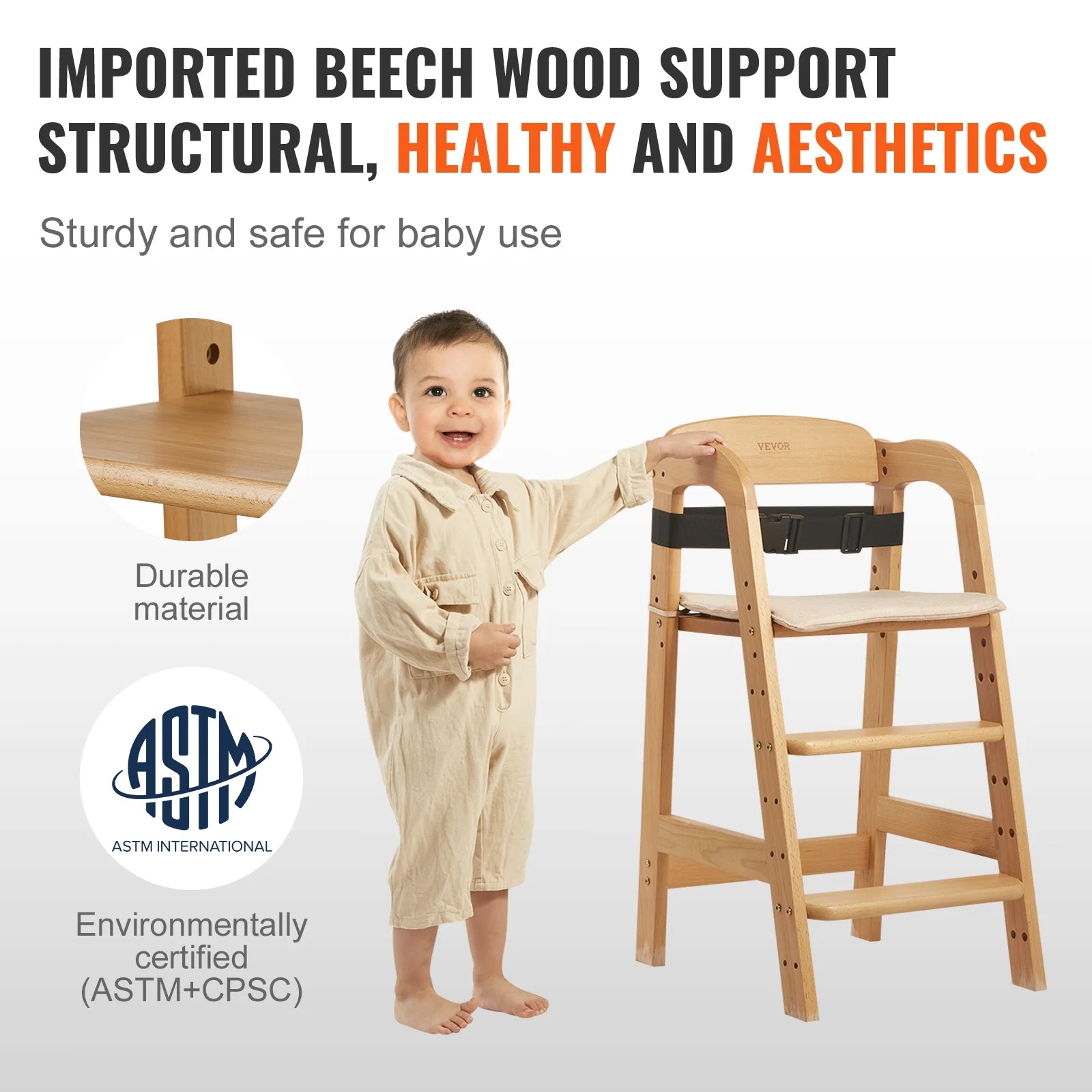 Wooden Baby HighChair with Adjustable Legs Solid Wood H836566