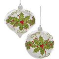 Glass Holly Design with Red Jewels Ball & Onion Ornaments Approximately 4 Inches A3029