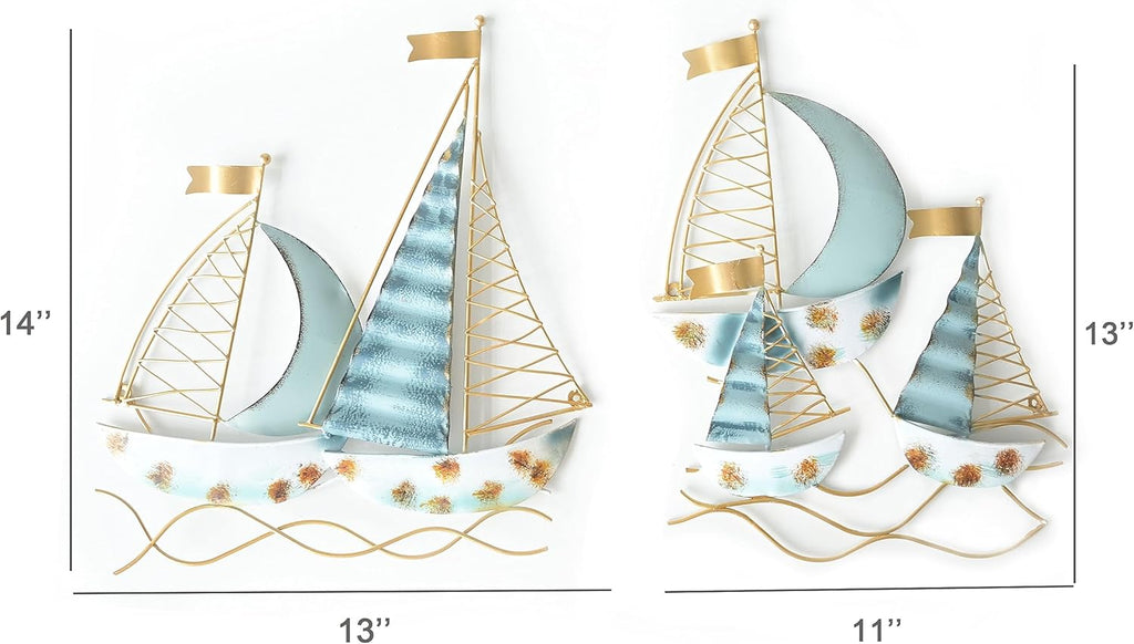 Set of 2 Blue Metal Sail Boat Wall Sculpture H3605