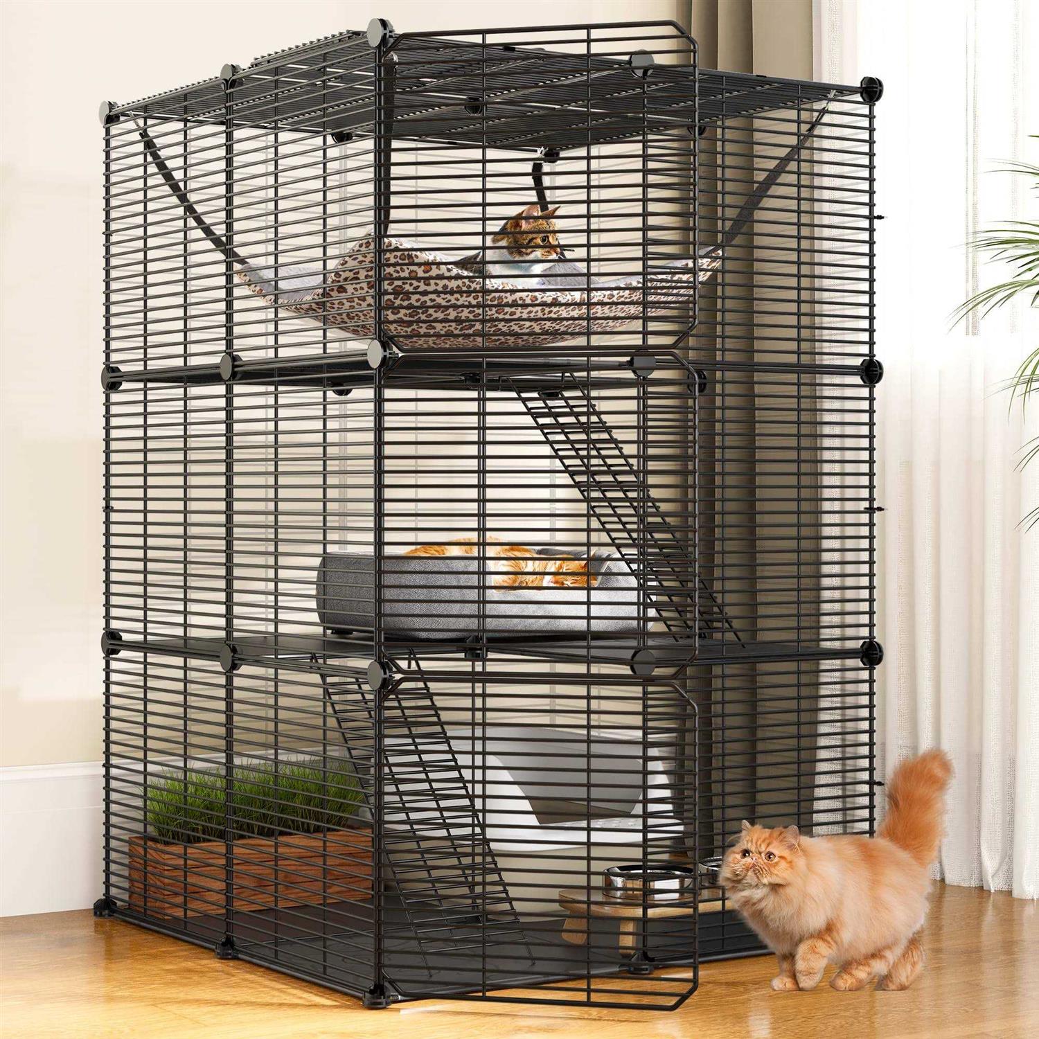 Cat Cage Indoor Cat Enclosures DIY Cat Playpen Metal Kennel with Extra Large Hammock X8798