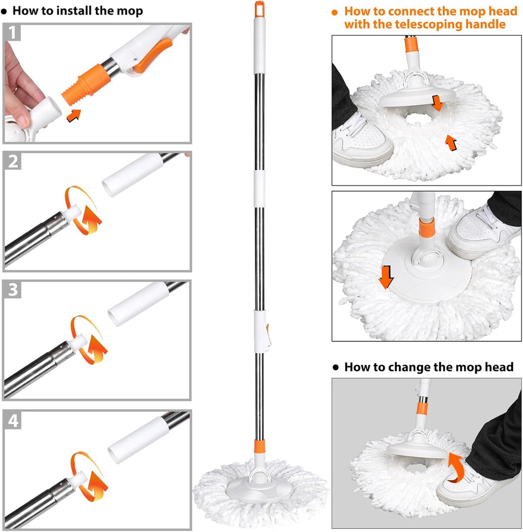Spin Mop & Bucket with Wringer Set, 7 Microfiber Mop Refills, 57" Extended Handle J71671
