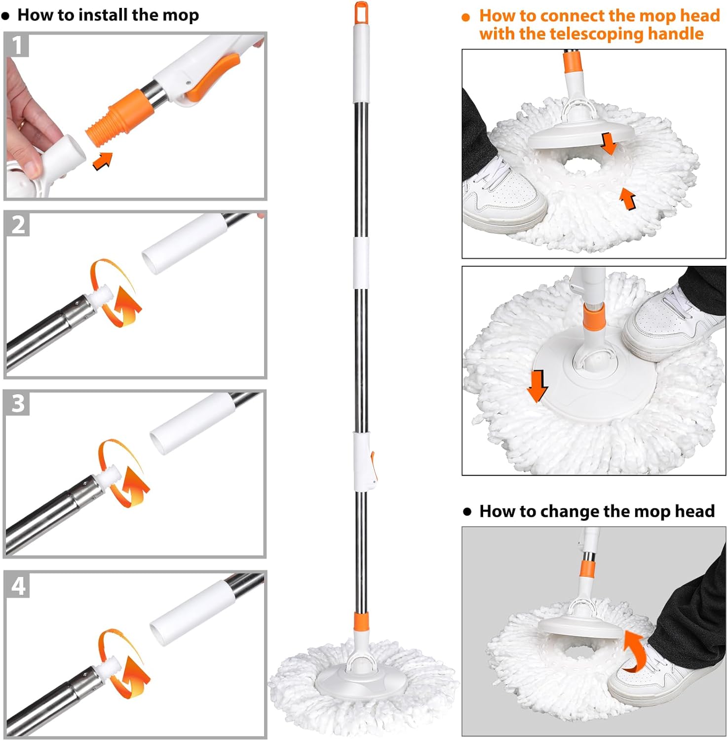 Spin Mop & Bucket with Wringer Set, 7 Microfiber Mop Refills, 57" Extended Handle J71671