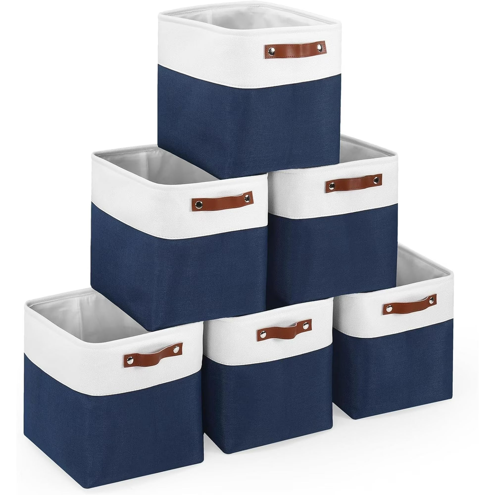 11x11 inch Foldable Cube Storage Bins with Leather Handles (White/ Blue) M823