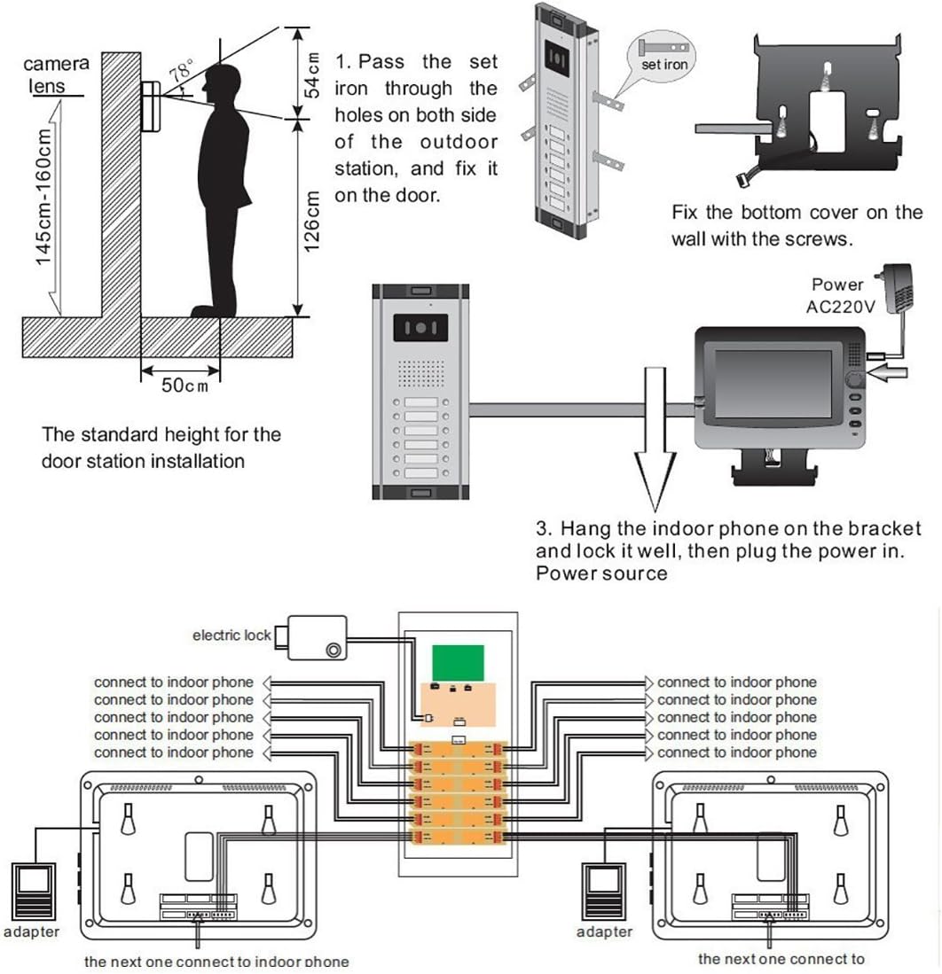 3 Units Wired Video Door Phone Kit with 7 Inches Monitor and Night Vision Camera J1060