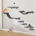 7 Pcs Beige Wood Cat Climber Set with Shelves, Perches, Bridge, Hammock, Scratching Board J680829