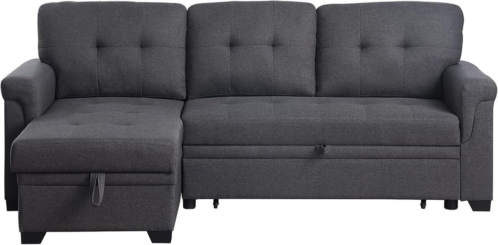 84'' L-Shape Convertible Sleeper Sectional Sofa with Storage Chaise and Pull-Out Bed, Dark Gray B285552