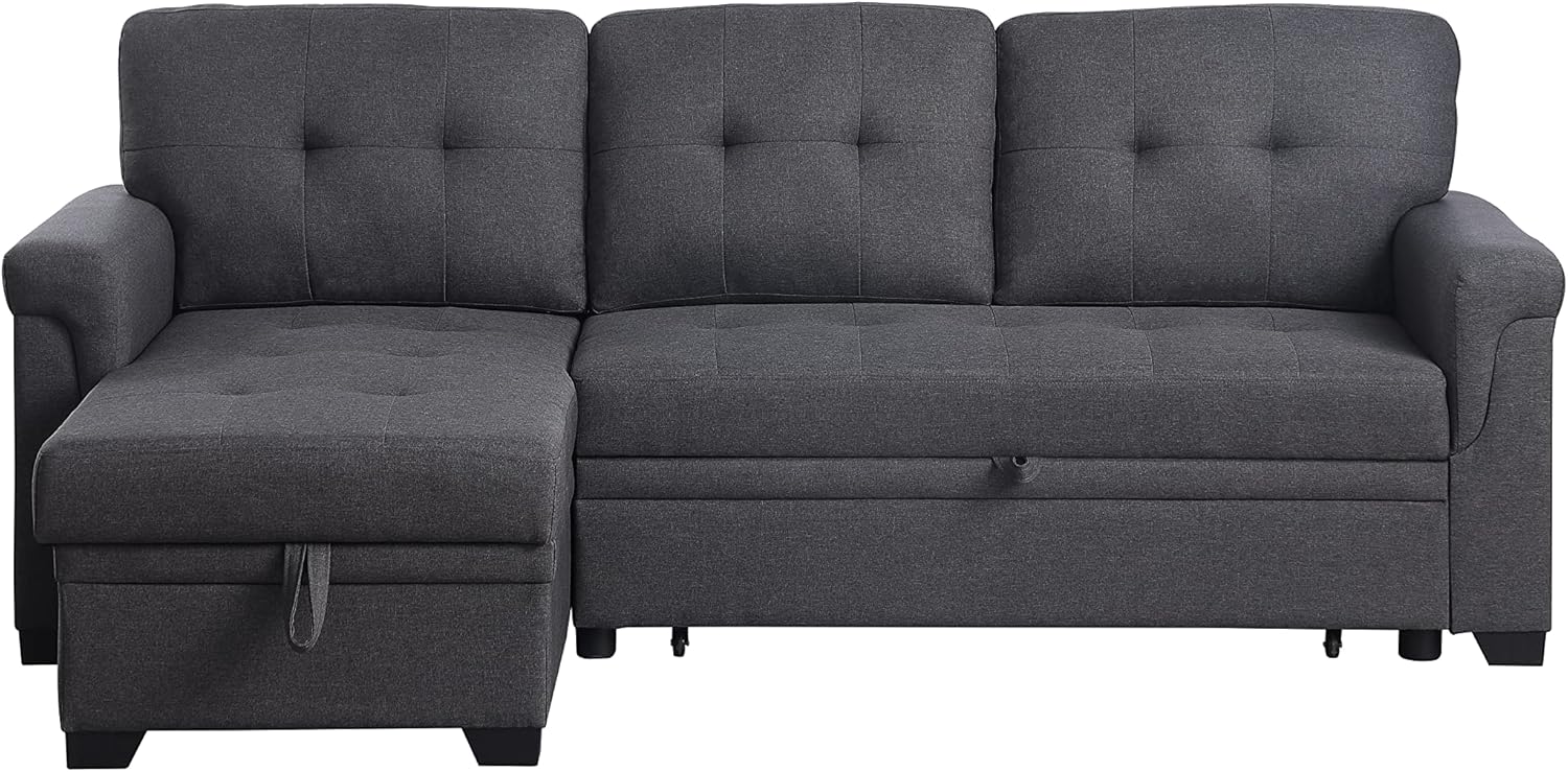84'' L-Shape Convertible Sleeper Sectional Sofa with Storage Chaise and Pull-Out Bed, Dark Gray B285552