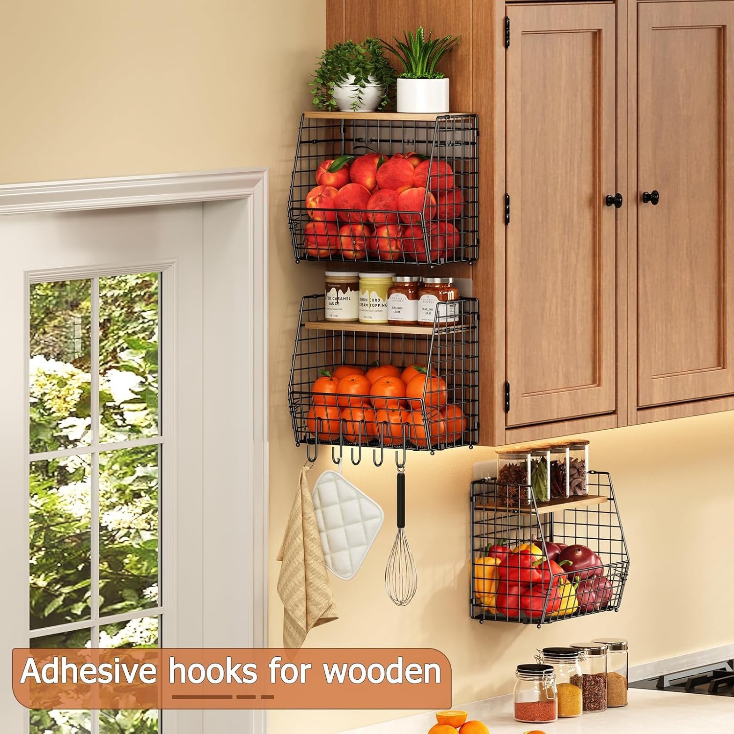 3 Pack Hanging Wire Basket with Wood Lid & S Hook L629