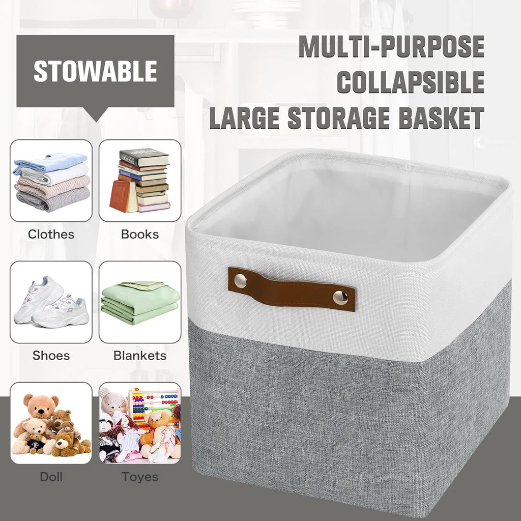 11x11 inch Foldable Cube Storage Bins with Leather Handles (White/ Blue) M823