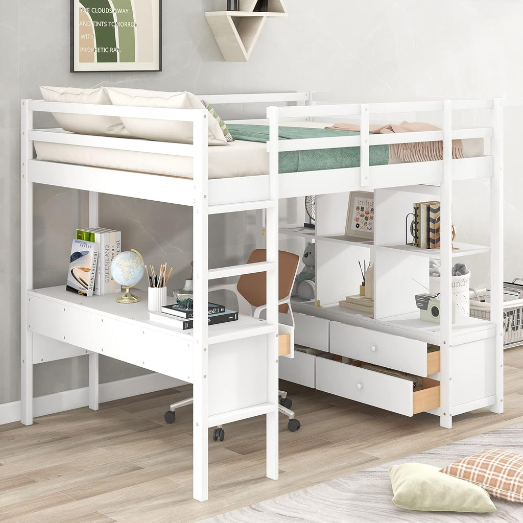 White Wooden Loft Bed with Built-in Desk and Two Drawers H377687