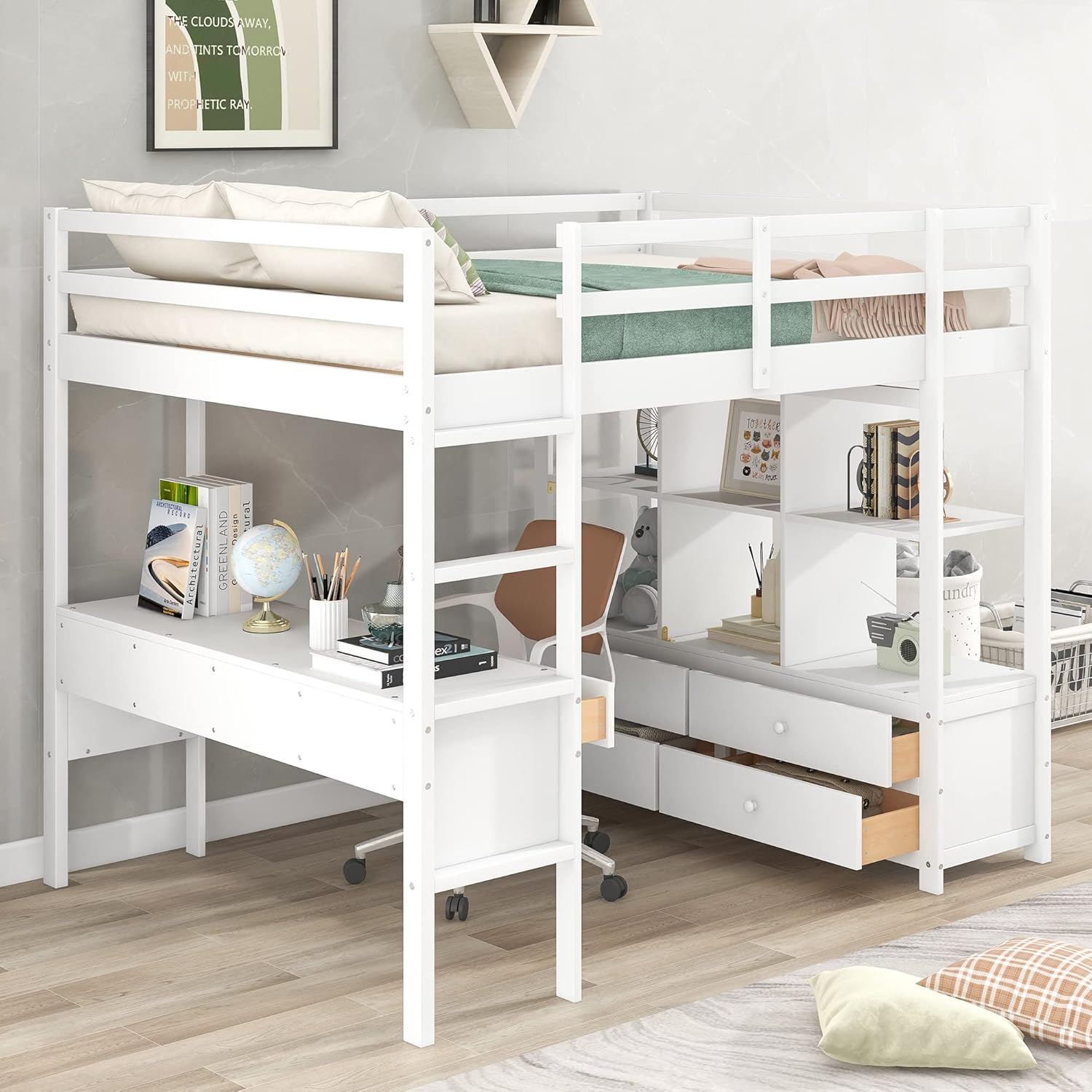 White Wooden Loft Bed with Built-in Desk and Two Drawers H377687