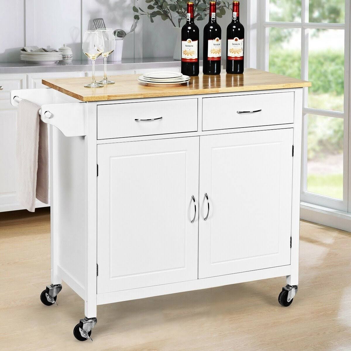 White Rolling Kitchen Cart with Wooden Top Z6138