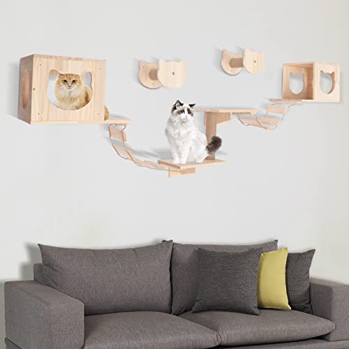 Wall-Mounted Cat Climber Set with Cat Wall Shelves, Scratching Posts, Condo House, Ladder, Perches M81164