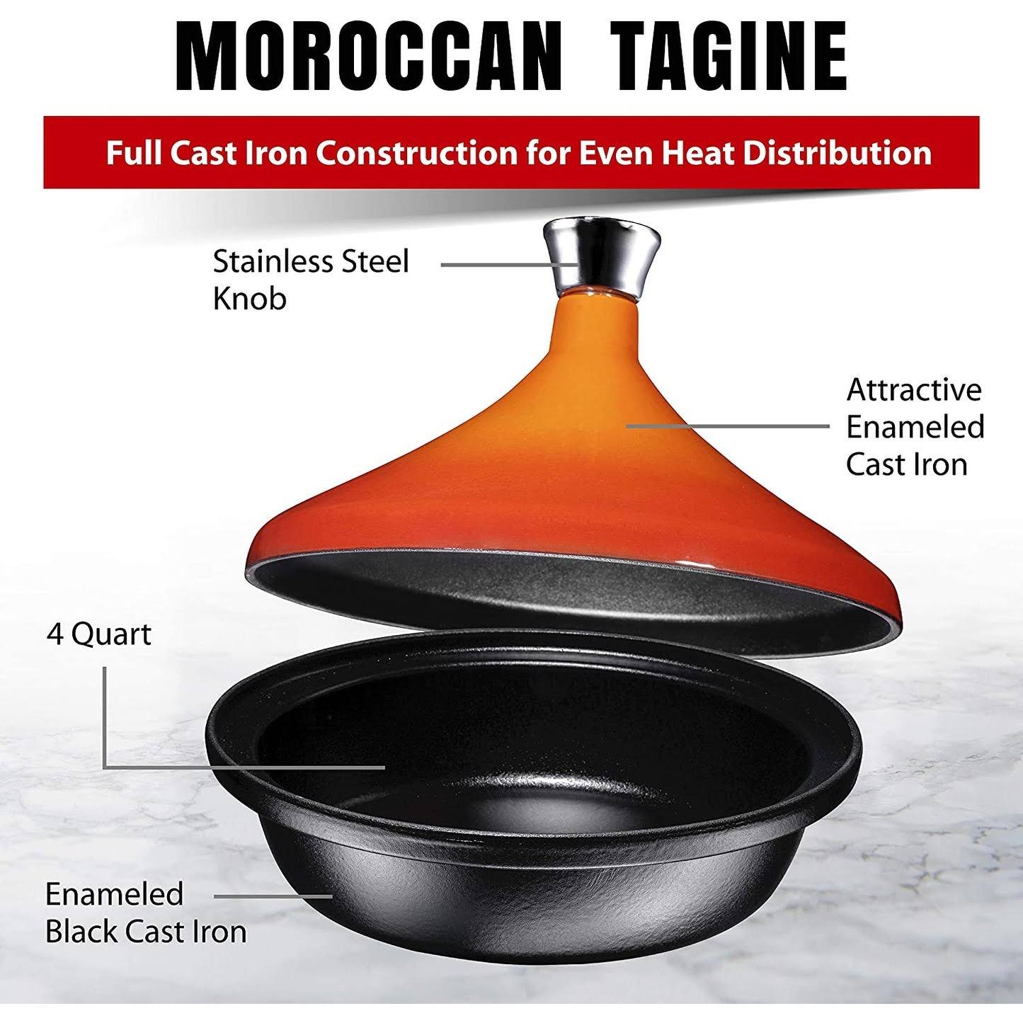 Enameled Fire Red Cast Iron Tagine Pot, 4 Quart E883