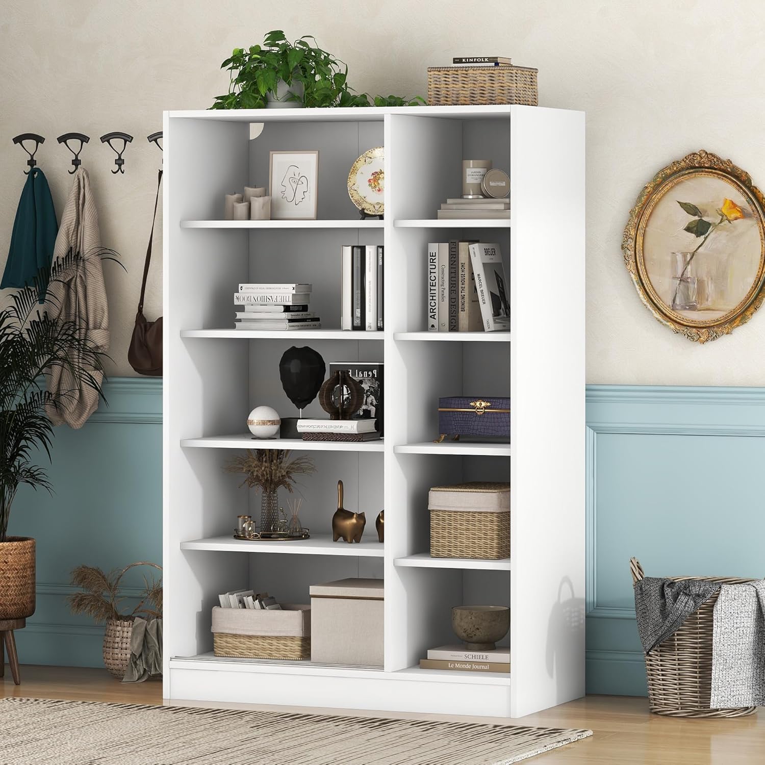 White 3 Doors Wood Wardrobe with Shelves and Hanging Rail J391830