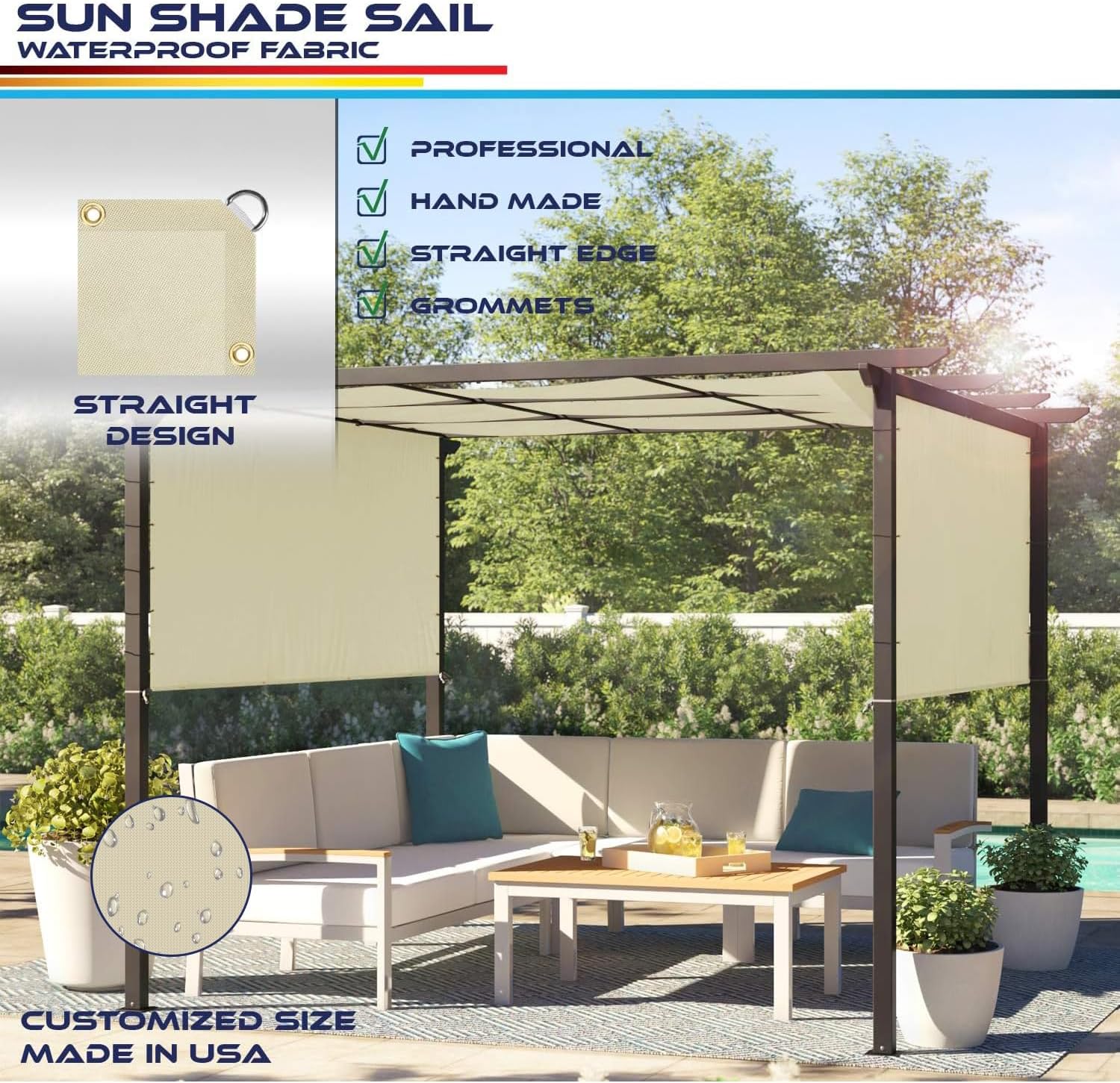 Beige Waterproof Sun Shade Sail Straight Edge Outdoor Canopy Cover F13832