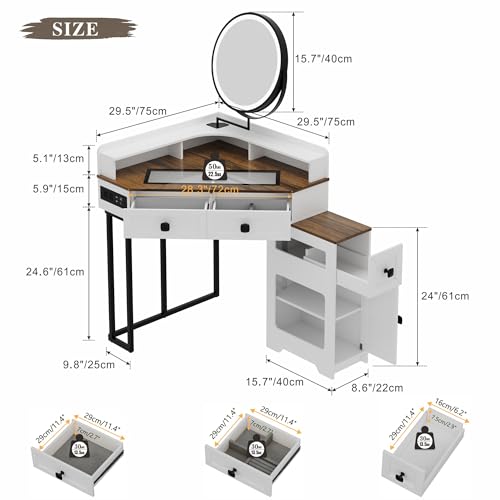 White Glass Top Corner Vanity Desk with Mirror and Lights, 4 Drawers Z437806