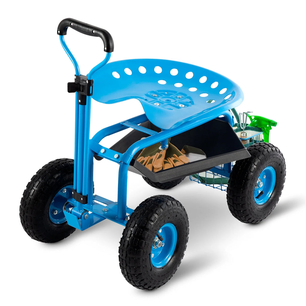 Blue Heavy Duty Rolling Garden Tool Cart with Seat and Storage Z2547