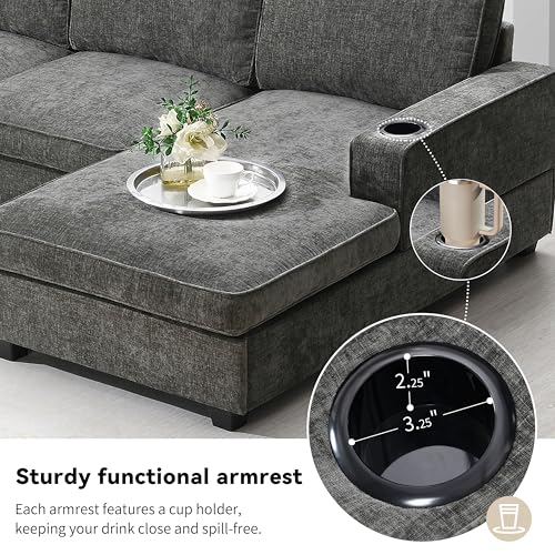 Dark Gray Chenille 6-Seat Sectional Sofa with Cup Holders T597872