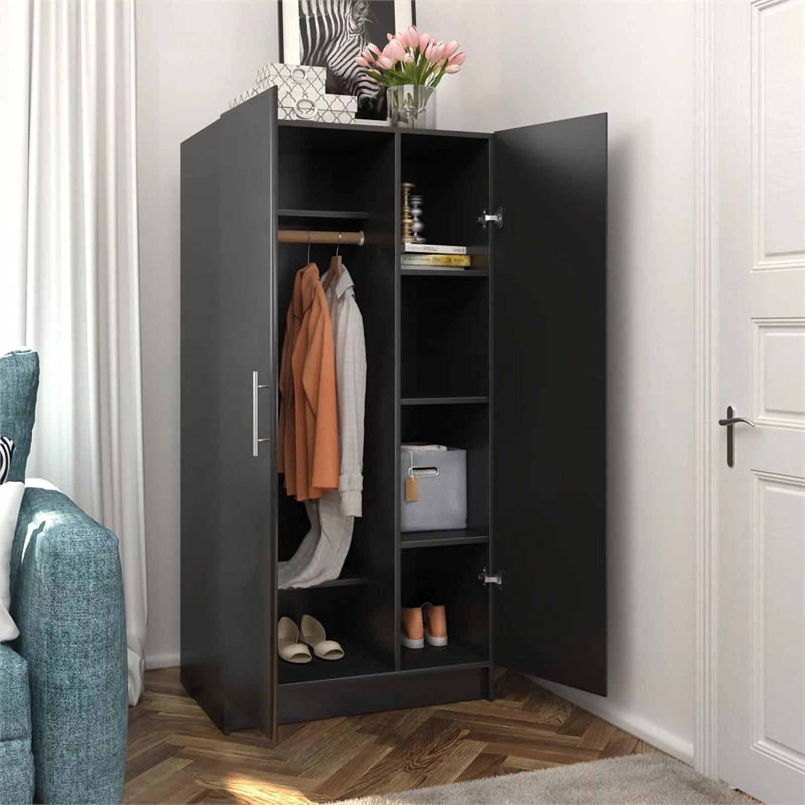 Black Storage Cabinet with Hanging Rail and Shelves Z732
