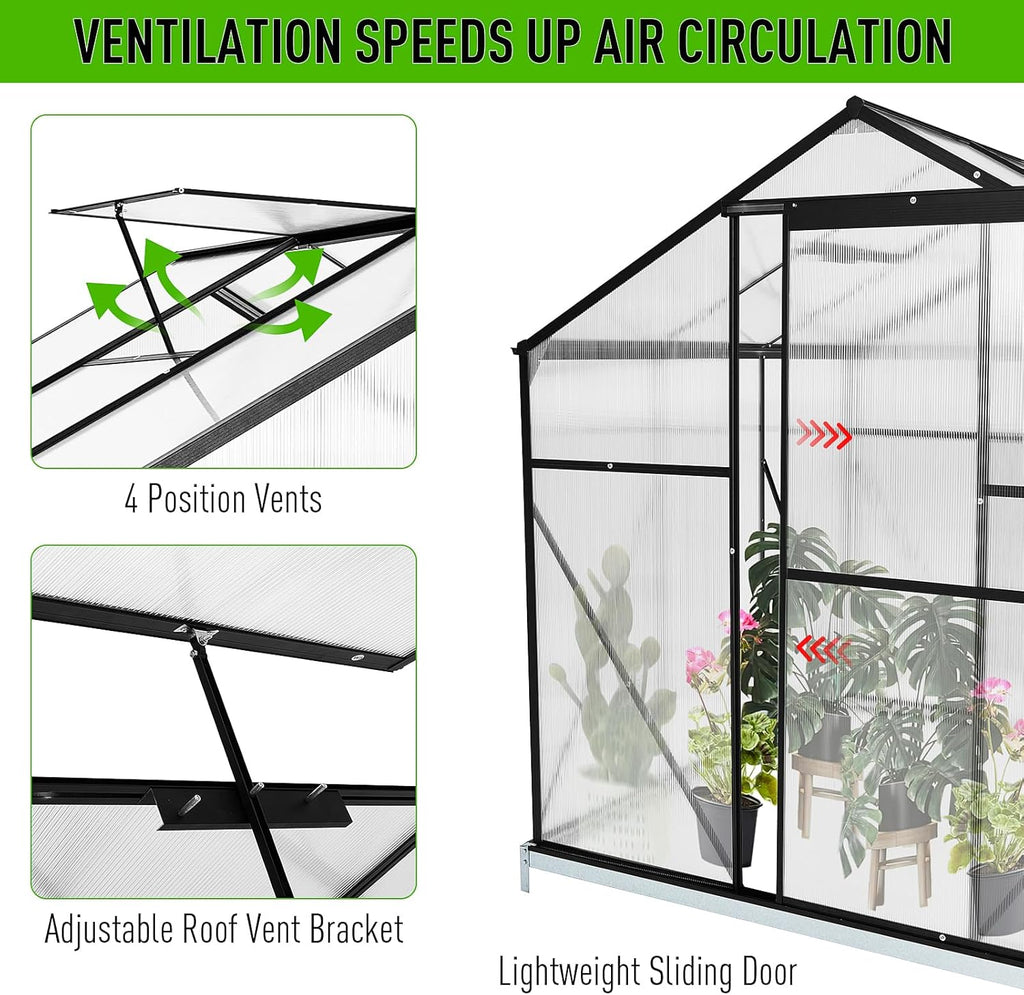 10x6 FT Polycarbonate Greenhouses with Sliding Door and Adjustable Vent Window, Black Q3784