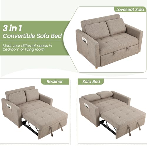 3-in-1 Convertible Sofa Bed, Linen Fabric Sleeper Couch, 49" 2-Seater Loveseat Futon Sofa X731065