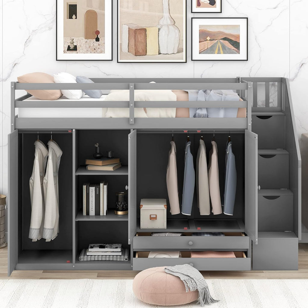 Twin Size Wooden Loft Bed with 3 Shelves, 2 Wardrobes, 2 Drawers, Ladder V848045
