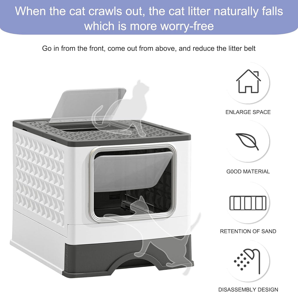 Foldable Enclosed Plastic Cat Litter Box with Litter Scoop (Light Gray) F80548